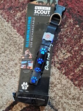 Illuminating USB-Rechargeable Dog Collar - Black with Blue Paw Prints (Small)
